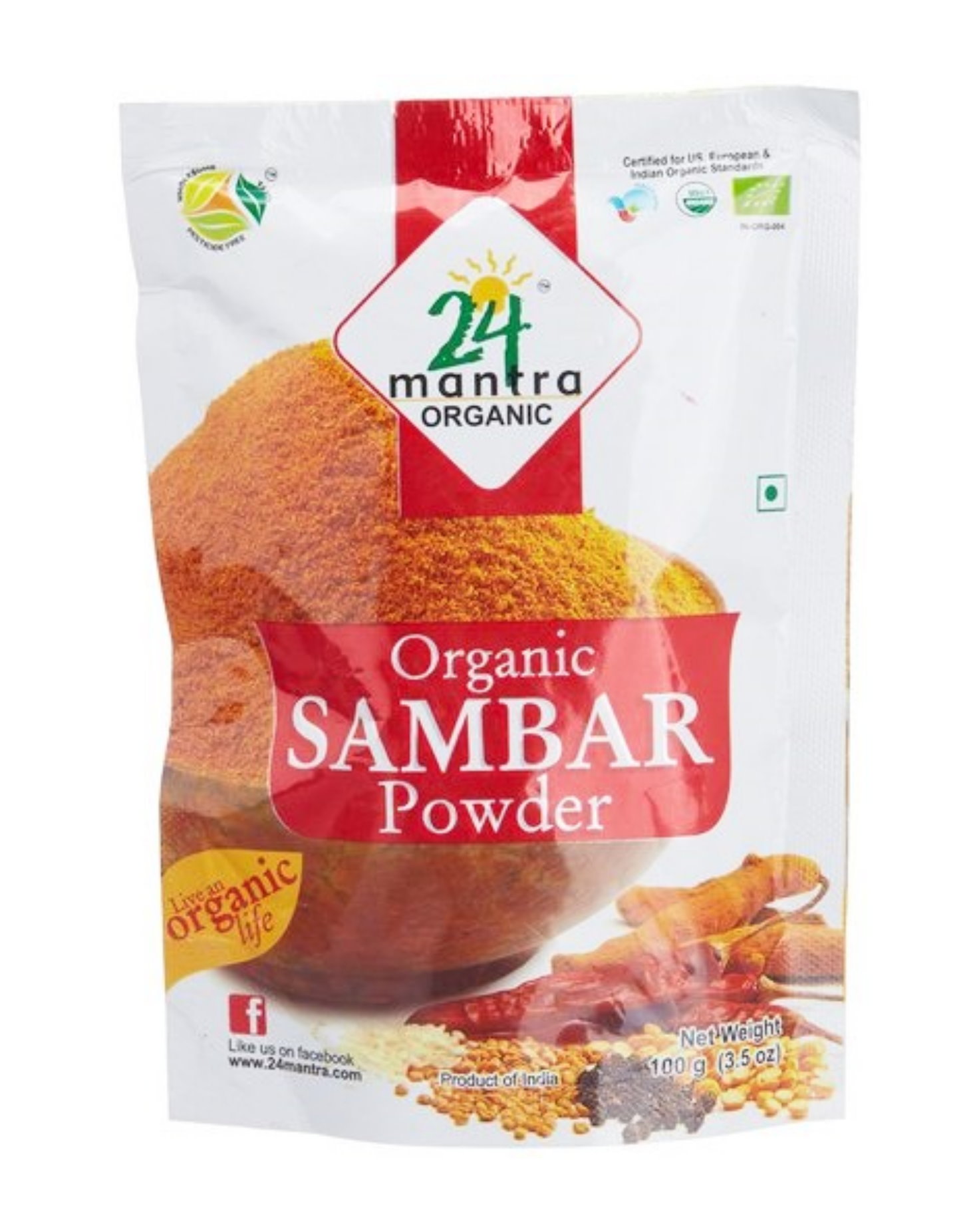 Organic Sambar Powder - ★ Usda Certified Organic - ★ European Union Certified Organic - ★ Pesticides Free - ★ Adulteration Free - ★ Sodium Free - Pack Of 2 X 3.5 Ounces (7 Ounces) - 24 Mantra Organic (8904083501701)